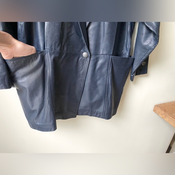 Leather navy blue blazer jacket - Picture 8 of 16